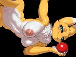 anthro black_background black_sclera blue_eyes eyebrows facial_markings female fur fur_collar genitals hanging_from_ceiling head_markings holding_object large_breasts markings nipples nude pokeball pussy raised_eyebrows simple_background smile solo yellow_body yellow_fur ahogagu digimon_(species) renamon hi_res