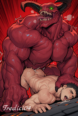 anthro black_hair bodily_fluids cum duo genital_fluids genitals green_eyes hair male male/male penis pink_body red_background red_body rough_sex sex simple_background tredici04 baron_of_hell human humanoid mammal monster absurd_res hi_res