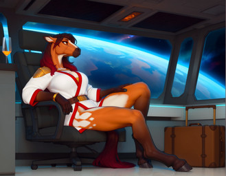 5_fingers amber_eyes anthro belt big_breasts bracelet breasts brown_body brown_hair chair clothed clothing cockpit container cup detailed_background digitigrade drinking_glass female fingers fur furniture glass glass_container glass_cup hair hooves inside jewelry long_hair looking_away multicolored_hair planet red_hair red_tail robe science_fiction sitting solo space spacecraft_interior suitcase two_tone_hair uniform vehicle white_body white_clothing window adragocult equid equine horse mammal absurd_res digital_media_(artwork) hi_res