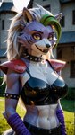 alternate_species animal_ears anthro armor blurred_background body_fur breasts cleavage clothed clothing collar day female female_anthro five_nights_at_freddy's five_nights_at_freddy's:_security_breach fur furrification grass green_hair hair happy jewelry long_hair looking_at_viewer midriff multicolored_body multicolored_fur multicolored_hair navel outdoors photorealism photorealistic plant realistic sharp_teeth shoulder_armor smile snout solo spiked_collar spikes stable_diffusion teeth two_tone_body two_tone_fur white_hair wolf_ears wolf_tail yiffyjiffy2 roxanne_wolf_(fnaf) canid canine canis mammal wolf hi_res watermark