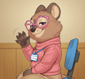 anthro bottomwear brown_body brown_fur chair clothing dr_fuzzby eyewear female fur furniture gesture glasses half-closed_eyes hand_on_leg hand_on_thigh looking_at_viewer name_tag narrowed_eyes on_chair pink_clothing sitting sitting_on_chair skirt smile solo tail waving waving_at_viewer puffy_peter macropod mammal marsupial quokka hi_res