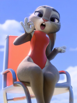 anthro blue_sky buckteeth chair clothing cloud ears_down fellatio_gesture female furniture gesture looking_at_viewer looking_down_at_viewer low-angle_view on_chair one-piece_swimsuit outside pivoted_ears red_clothing red_swimwear sitting sitting_on_chair sky solo suggestive suggestive_gesture sunny swimwear teeth tohot2pimp disney zootopia judy_hopps lagomorph leporid mammal rabbit