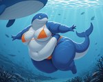 4_fingers anthro big_breasts bikini breasts clothing female fin fingers obese overweight simple_eyes solo swimming swimwear thick_thighs underwater water wide_hips cartuniverse nintendo pokemon cetacean generation_3_pokemon mammal marine pokemon_(species) wailord