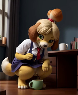 anthro bodily_fluids female genital_fluids peeing peeing_into_container solo urine watersports lerrmot animal_crossing nintendo isabelle_(animal_crossing) animated hi_res short_playtime webm