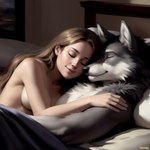 absurd_res anthro bed breasts canid canine canineluvr19 canis clothed clothing cuddling female furniture hi_res human human_on_anthro interspecies male male/female mammal romantic romantic_couple side_boob sleeping smile topless wolf