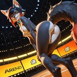 anthro at back black_body butt cyberpunk female fur genitals night nude presenting presenting_hindquarters presenting_pussy pussy solo stadium standing teeth view viewer ft-27 canid canine fox mammal