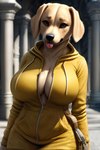 anthro big_breasts black_nose blep breasts clothing female fur hoodie light solo tan_body tan_fur tongue tongue_out topwear yellow_clothing zipper arizon bird_dog canid canine canis domestic_dog hunting_dog labrador mammal retriever 2:3 absurd_res colored detailed hi_res lighting portrait