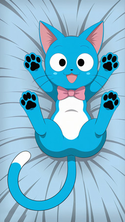 4_toes bed belly big_ears black_eyes black_pawpads blue_body blue_fur bowtie feet fur furniture long_tail looking_at_viewer lying male on_back open_mouth open_smile pawpads paws raised_paw smile smiling_at_viewer snout solo toes whiskers white_belly yiff_ai_(director) fairy_tail happy_(fairy_tail) domestic_cat exceed felid feline felis mammal absurd_res hi_res