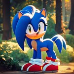 ambiguous_gender blue_body clothing feral footwear forest looking_at_viewer plant quadruped red_clothing red_footwear red_shoes shoes side_view solo sonic_the_hedgehog_(series) tree cartuniverse sonic_the_hedgehog equid equine eulipotyphlan hedgehog horse hybrid mammal pony