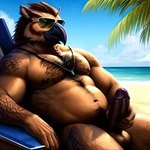 anthro balls beach beak body_hair chest_hair eyewear genitals hi_res male musclegut owlbear pecs penis pup_tobey seaside solo summer sunglasses water