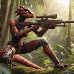 anthro armor clothed clothing crouching female gun jungle ranged_weapon red_body red_scales rifle robotic_body scales sniper_rifle solo weapon yellow_eyes omgechounknown lizard reptile scalie