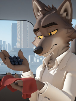4_fingers anthro blueberry car city city_background clothed clothing detailed_background fingers frown fur handkerchief kerchief male sitting solo suit vehicle whisker_spots yellow_sclera disney dreamworks the_bad_guys zootopia mr._wolf_(the_bad_guys) canid canine canis mammal wolf hi_res meme