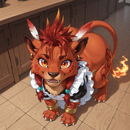 anklet clothed clothed_feral clothing cub ear_piercing ear_ring feral gold_(metal) gold_jewelry jewelry looking_at_viewer maid_uniform male piercing ring_piercing smile solo thick_thighs uniform wide_hips young danzabowo red_xiii hi_res