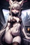 anthro armband clothing female fur headphones lingerie purple_eyes solo spacecraft_interior white_body white_fur mecha_froggy felid feline mammal absurd_res hi_res