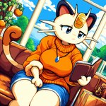 anthro big_breasts book bottomwear breasts clothing cloud day female forehead_gem jewelry necklace orange_clothing reading shorts sitting solo sweater topwear window captaincommandon't generation_1_pokemon meowth pokemon_(species) digital_media_(artwork) novelai pixel_(artwork)