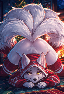 all_fours anthro ass_up christmas_clothing christmas_tree clothed clothing female fireplace front_view fur hoodie leaning leaning_forward legwear multi_tail no_underwear on_ground pattern_clothing pattern_legwear plant solo spread_legs spreading stockings striped_clothing striped_legwear stripes tail topwear tree white_body white_fur yellow_eyes neural_bunny canid canine fox mammal absurd_res hi_res