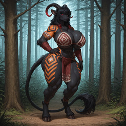 anthro black_body black_fur bottomwear bra clothing curved_horn day female forest fur grass hand_on_hip hooves horn loincloth long_tail looking_at_viewer markings neck_tuft outside plant red_eyes solo standing tail_tuft thick_thighs tree tribal_clothing tuft underwear wide_hips zoc bovid bovine caprine felid feline hybrid mammal hi_res