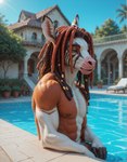 anthro bokeh detailed_background dreadlocks fur hair male mansion multicolored_body multicolored_fur muscular nipples outdoors pool red_hair solo two_tone_body two_tone_fur redstallion_(director) giraffid mammal okapi hi_res