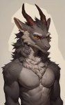 anthro brown_horn chin_tuft eyebrows facial_tuft fluffy fur grey_body grey_fur hair horn looking_away male messy_fur messy_hair multicolored_body multicolored_fur neck_tuft orange_sclera simple_background solo thick_eyebrows tuft two_tone_body two_tone_fur oldhroft kyro_(oldhroft) dragon furred_dragon half-length_portrait hi_res portrait