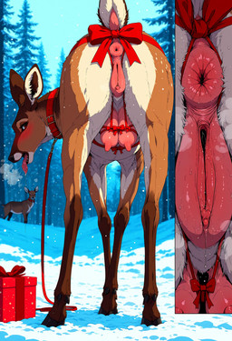 animal_genitalia animal_pussy anus big_breasts bodily_fluids breasts brown_body brown_fur butt cervine_genitalia cervine_pussy dripping female feral fur genital_fluids genitals looking_at_viewer looking_back nipples plant presenting presenting_hindquarters presenting_pussy pussy scut_tail short_tail solo tongue tree diddlier cervid cervine mammal absurd_res hi_res