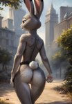 anthro belt bubble_butt butt casual_exposure casual_nudity city city_background ears_up female looking_away mostly_nude outdoor_sex plant rear_view small_waist solo thigh_gap tree zootopia wolf552906 judy_hopps lagomorph leporid mammal rabbit absurd_res hi_res