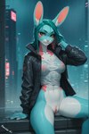 anthro black_clothing black_jacket black_topwear blue_body blue_fur bottomless breasts buckteeth chest_tuft city city_background clothed clothing countershading cybernetic_eye cyberpunk female fur genitals green_eyes green_hair hair inner_ear_fluff jacket leather leather_clothing leather_jacket leather_topwear looking_at_viewer markings medium_breasts navel neon_lights nipples orange_eyes pink_nose pubes pussy raining red_markings shirt sitting sitting_on_ground sitting_on_wall skyscraper solo spread_legs spreading teeth topwear translucent translucent_clothing tuft wet wet_body wet_clothing wet_fur wet_shirt wet_topwear white_body white_countershading fenix_ai lagomorph leporid mammal rabbit absurd_res hi_res watermark