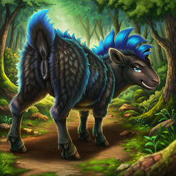 all_fours animal_genitalia animal_pussy anus black_body black_fur black_pussy blue_eyes blue_hair butt digitigrade female feral forest fur genitals grin hair looking_back mohawk plant presenting presenting_hindquarters pussy seductive short_tail smile solo tree rattlepaw bovid caprine mammal sheep
