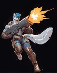 abs animal_ears anthro black_background blue_body blue_eyes blue_fur blue_hair bottomwear clothing denim fur gloves gun hair handwear holding_gun holding_object holding_weapon male male_focus muscular muscular_male navel pants pecs ranged_weapon running shooting short_hair simple_background solo weapon wolf_ears wolf_tail thebigbradwulf brad_wulf_(thebigbradwulf) canid canine canis mammal wolf full-length_portrait hi_res portrait