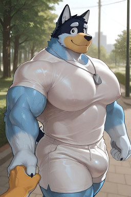 anthro big_muscles big_pecs black_eyes bulge clothing dog_tags duo hand_holding looking_at_viewer male male/male muscular nipple_outline outside park pecs smile solo_focus tight_clothing walking white_clothing exveemon_(director) bluey_(series) bandit_heeler canid canine canis domestic_dog herding_dog mammal pastoral_dog absurd_res hi_res