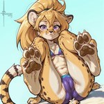 4_toes 5_fingers anthro bikini blonde_hair breasts butt camel_toe chest_tuft claws clothing convenient_censorship curling_toes dutch_angle feet female fingers fur glistening glistening_lips hair lips looking_at_viewer natural_breasts navel pawpads perspective presenting presenting_hindquarters purple_eyes simple_background slim smile solo spots spotted_body spotted_fur swimwear toe_claws toes tuft white_claws numeradin cheetah felid feline mammal full-length_portrait hi_res portrait watermark
