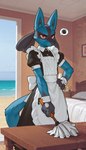 4_fingers annoyed anthro beach beach_background bed blue_body blue_fur chest_spike cleaning cleaning_tool clothing day feather_duster fingers floor fur furniture glass_door hand_on_hip holding_object inside maid_uniform male pokemon red_eyes seaside solo spikes spikes_(anatomy) table uniform water lucanon generation_4_pokemon lucario pokemon_(species) hi_res