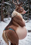 anthro antlers arm_under_breasts belly big_belly big_butt breasts brown_body butt female forest fur hair horn looking_away outdoors overweight overweight_female photorealism photorealistic pink_nose plant pregnant realism realistic snow solo standing tan_body thick_thighs tree voluptuous_female anonymous_director capreoline cervid mammal reindeer hi_res