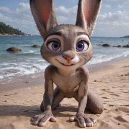 all_fours anthro beach breasts camel_toe female genitals paws pinup pose pussy realistic realistic_fur sea seaside small_breasts smile solo water 1231kubik disney zootopia judy_hopps lagomorph leporid mammal rabbit invalid_tag