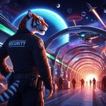 alien_planet anthro background_character ballistic_vest belt black_stripes clothing duty_belt felid fur male mammal markings nikkolaus orange_body orange_fur pantherine planet solo space space_station spacecraft spacecraft_interior striped_body striped_fur striped_markings striped_tail stripes tail_markings tiger uniform vehicle window