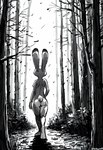 anthro ears_up female forest nude outside plant rear_view solo tree walking zootopia acemagex judy_hopps lagomorph leporid mammal rabbit greyscale hi_res monochrome