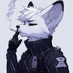 anthro bust_portrait canid canine clothed clothing fox fully_clothed fur looking_away lucifluffy male mammal portrait raining simple_background smoking solo white_body white_fur wilek