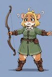 anthro armor belt belt_pouch boots bow_(weapon) bracers brown_eyes clothing costume female footwear laced_boots outstretched_arms question_mark ranged_weapon solo solo_focus teeth teeth_showing weapon anonymous_director mammal rodent absurd_res hi_res