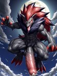 anthro black_body black_fur bodily_fluids fur genital_fluids genitals hyper hyper_genitalia looking_at_viewer male muscular muscular_anthro solo aig-furrys generation_5_pokemon pokemon_(species) zoroark