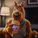 4_fingers brown_body feral fingers food looking_at_viewer male narrowed_eyes pawpads peanut_butter solo toe_curl sombreru scooby-doo canid canine canis domestic_dog great_dane mammal mastiff molosser hi_res