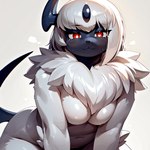 anthro black_body black_nose breasts curvaceous curvy_figure female fur hair leaning leaning_forward looking_at_viewer navel red_eyes smile solo thick_thighs tuft voluptuous white_body white_fur white_hair cecil absol generation_3_pokemon pokemon_(species)