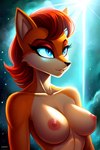 anthro black_nose blue_eyes breasts brown_body brown_fur brown_hair ethereal female fur glowing glowing_eyes hair medium_breasts nipples sky solo sonic_the_hedgehog_(series) stable_diffusion star starry_sky white_body sally_acorn chipmunk ground_squirrel mammal rodent sciurid absurd_res hi_res