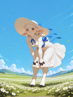 4_fingers accessory anthro back_ribbon bangs bent_over blue_ribbon blue_sky breasts closed_smile clothing cloud cloudy collared_shirt contrail dress eyelashes female field fingers flower front_view goat_ears grass hair hair_accessory hair_ribbon happy hat headgear headwear hill hooved_fingers hooves landscape looking_at_viewer low-angle_view mountains mouth_closed neck_ribbon pink_inner_ear pink_nose plant red_eyes ribbons scut_tail short_tail sky sleeveless small_breasts smile solo standing sun_hat tree twintails_(hairstyle) white_clothing white_dress white_flower white_hair white_hat white_headwear wind burioth bovid caprine goat mammal absurd_res hi_res