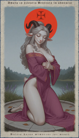 anthro bangs black_nails breasts colored_nails eyes_closed female forest fur grey_hair hair hooves horn kneeling kneeling_on_ground lake looking_down nails nipples plant ponytail smile solo tail_tuft tree tuft white_body white_fur cross_crusader bovid caprine goat mammal absurd_res hi_res