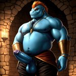 absurd_res amphibian anthro balls bara belly body_hair candlelight chest_hair clothed clothing frog genitals hi_res jean_(breath_of_fire) jewelry light male mohawk necklace nipples partially_clothed pecs penis pup_tobey solo superabsurd_res