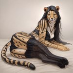 anthro bed black_hair bra clothed clothing digitigrade female furniture garter_straps golden_eyes hair lingerie long_hair looking_at_viewer lying on_side panties pinup pose simple_background solo underwear director_crashbandit cheetah felid feline mammal novelai