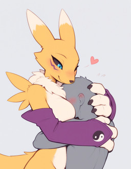 3_fingers <3 anthro armwear armwear_only big_breasts black_sclera blue_eyes blush bodily_fluids breast_smother breasts bridal_gauntlets claws clothing countershading digiphilia dipstick_ears duo ear_markings embrace faceless_character faceless_male facial_markings female female_anthro female_on_human finger_claws fingers fur gloves grey_background grey_body handwear happy head_between_breasts head_markings hug human_on_anthro interspecies larger_anthro larger_female male male/female male_on_anthro markings mostly_nude multicolored_body multicolored_ears multicolored_fur neck_tuft nude purple_markings simple_background size_difference smaller_human smaller_male smile smothering squish sweat sweatdrop tail tuft white_body white_fur yellow_body yellow_fur verbotenvertex digimon canid canine digimon_(species) fox human mammal renamon absurd_res hi_res