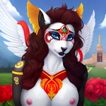 anthro black_nose blue_eyes breasts brown_hair canid female fur hair jewelry long_hair looking_at_viewer mammal nipples outside randomuuid solo tattoos white_body white_fur wings