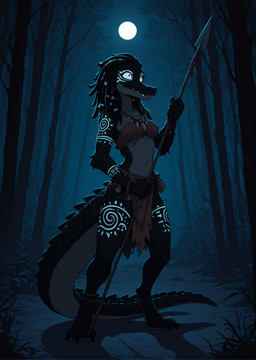 barefoot digitigrade dreadlocks feet female forest glowing glowing_tattoo holding_object holding_weapon jewelry markings melee_weapon moon necklace night outside plant polearm scared solo spear tattoo tree tribal tribal_clothing tribal_jewelry tribal_markings tribal_necklace tribal_tattoo weapon loren_iipsum hi_res