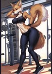 anthro bedroom_eyes black_nose bottomwear breasts canid canine cheek_tuft cleavage clothed clothing depth_of_field facial_tuft female fluffy fluffy_tail footwear fox full-length_portrait fur gym gym_clothing half-closed_eyes hand_behind_back hand_behind_head hi_res inner_ear_fluff inside leggings legwear looking_at_viewer mammal midriff narrowed_eyes navel pikaflufftuft portrait pose seductive shoes skimpy smile solo standing tight_bottomwear tight_clothing tiptoes topwear tuft watermark