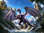 4:3 cloud colored countershading dragon female feral flying green_eyes grey_body grey_countershading hi_res horn membrane_(anatomy) membranous_wings mercrantos mercrantos's_wife mountains nature nature_background outside purple_body purple_scales scales scalie solo waterfall watermark western_dragon wings